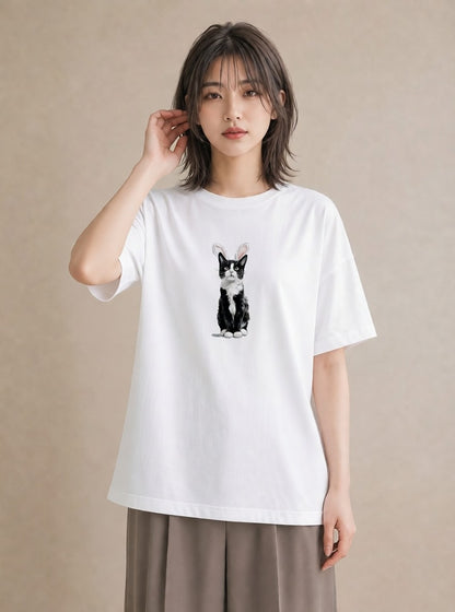 半袖Tシャツ レディース 靴下猫 猫 ねこ イラスト ポップ 旅行 母娘コーデ 白T