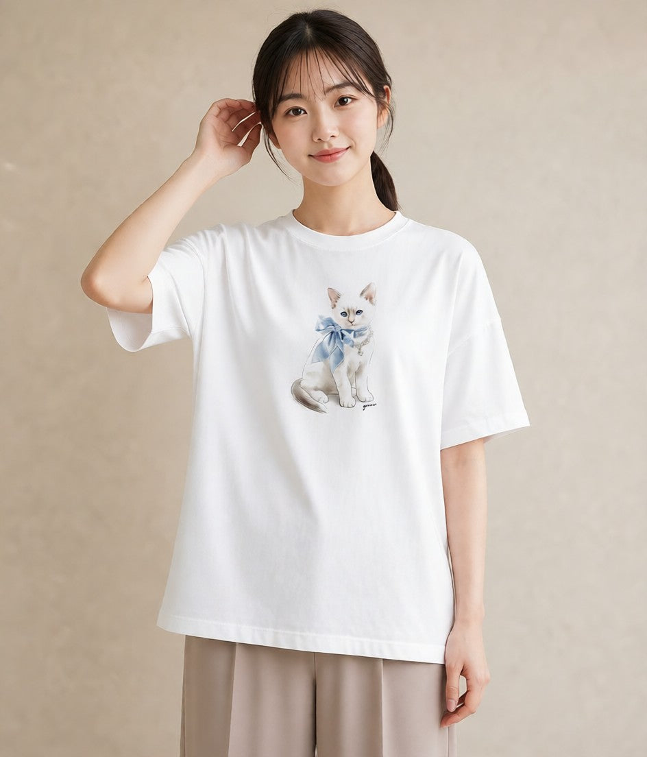 グラフィックTシャツ レディース ロシアンブルー 猫 ねこ イラスト ユニーク ラフ レイヤード 白T