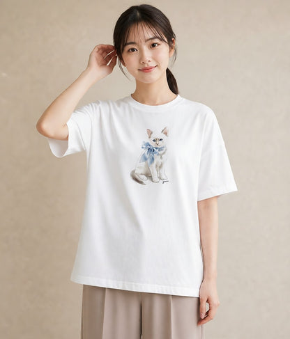 グラフィックTシャツ レディース ロシアンブルー 猫 ねこ イラスト ユニーク ラフ レイヤード 白T