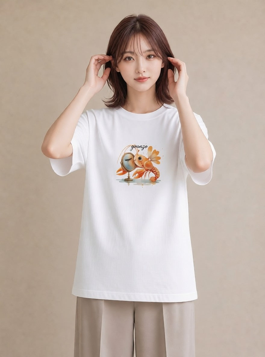 グラフィックTシャツ レディース エビ 海の生き物 海 イラスト ミニマル 綿100 デート 白T