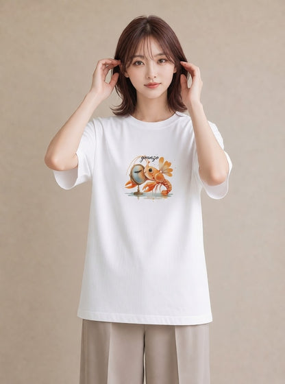 グラフィックTシャツ レディース エビ 海の生き物 海 イラスト ミニマル 綿100 デート 白T