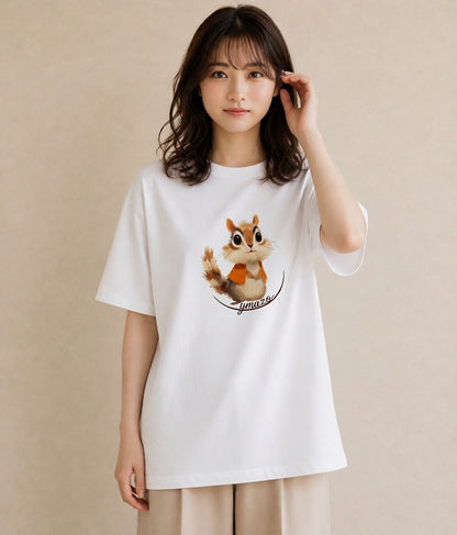 デザインTシャツ レディース リス ペット 動物 イラスト きれいめカジュアル 在宅 公園 白T
