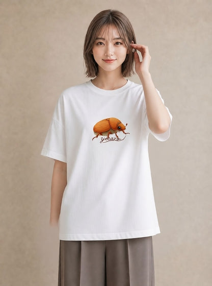 半袖Tシャツ レディース カブトムシ 昆虫 虫 イラスト カジュアル カフェ服 クリスマス 白T