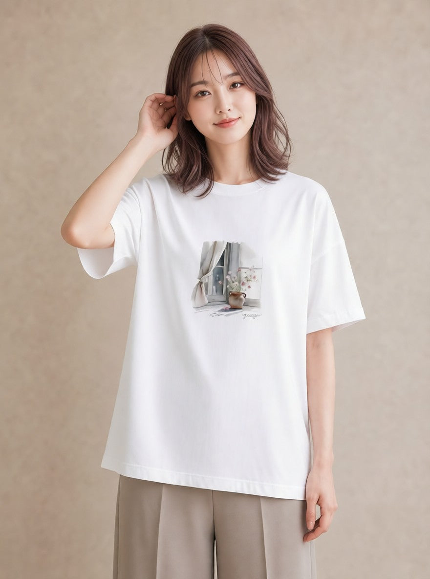 グラフィックTシャツ レディース 窓辺の雨 雨の日 窓 ナチュラル アンティーク イラスト 普段使い ペアコーデ 秋コーデ 白T