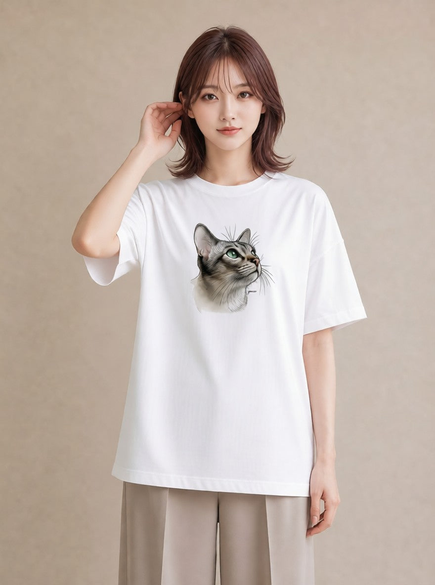 デザインTシャツ レディース アメリカンショートヘア 猫 ねこ イラスト こなれ感 秋コーデ おしゃれギフト 白T