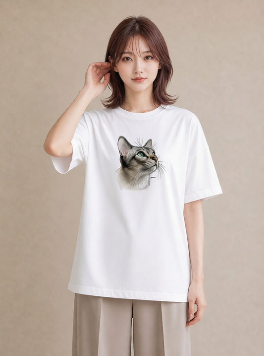 デザインTシャツ レディース アメリカンショートヘア 猫 ねこ イラスト こなれ感 秋コーデ おしゃれギフト 白T