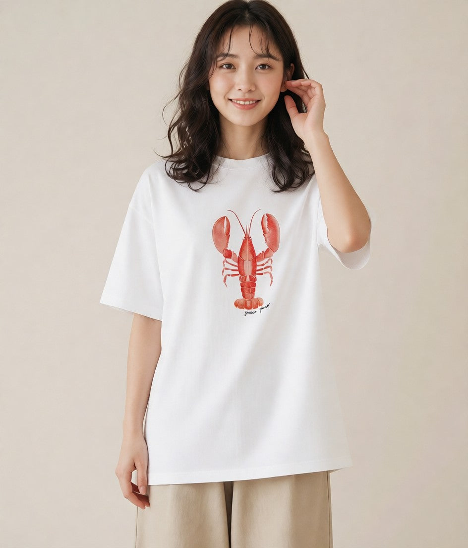 半袖Tシャツ レディース カニ 海の生き物 海 イラスト シック お出かけ 普段着 白T