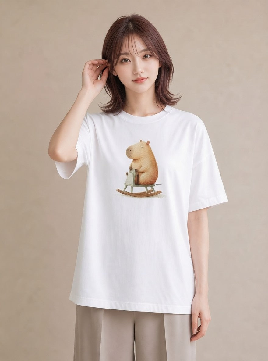 半袖Tシャツ レディース カピバラ かぴばら 動物 アニマル イラスト カフェコーデ 散歩 お出かけ 白T