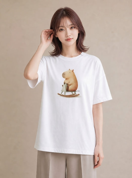 半袖Tシャツ レディース カピバラ かぴばら 動物 アニマル イラスト カフェコーデ 散歩 お出かけ 白T