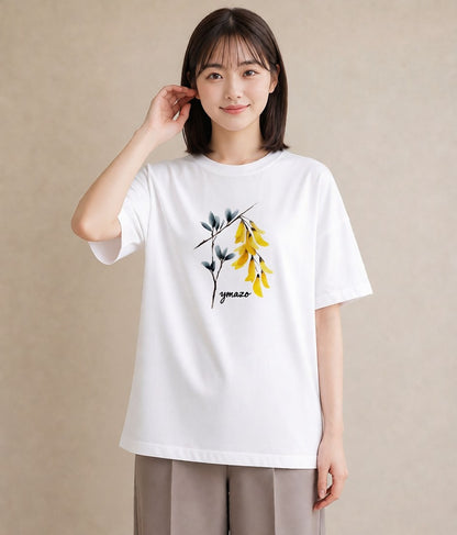 半袖Tシャツ レディース ミモザ 花 花柄 イラスト 淡色 カジュアルコーデ 買い物 白T
