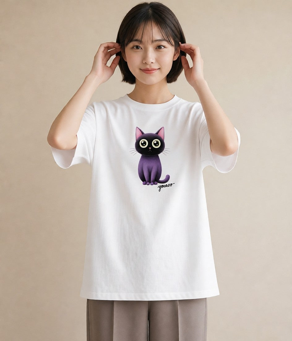 半袖Tシャツ レディース 黒猫 猫 ねこ イラスト 旅行コーデ ホワイトデー 春服 白T