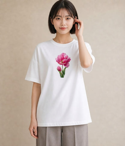 デザインTシャツ レディース チューリップ 花 花柄 イラスト 水彩風 カフェ服 クリスマス 白T
