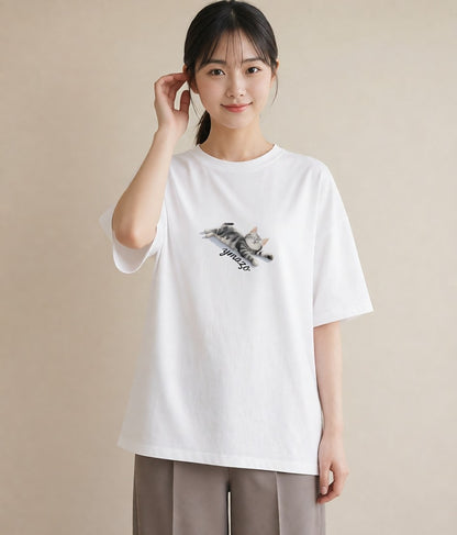 半袖Tシャツ レディース スコティッシュフォールド 猫 ねこ イラスト ガーリー 在宅 公園 白T