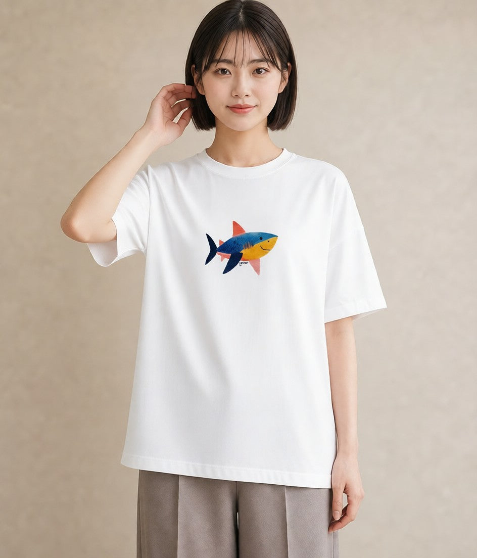 グラフィックTシャツ レディース サメ 海の生き物 海 イラスト カジュアル 旅行 母娘コーデ 白T