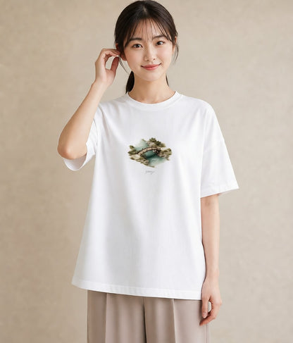 プリントTシャツ レディース 桟橋 水辺 波止場 ナチュラル アンティーク イラスト 韓国風 在宅 公園 白T