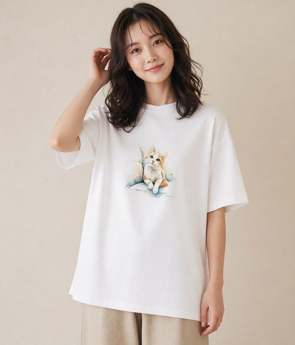 Tシャツ レディース ベンガル 猫 ねこ イラスト 手描き風 海 カフェ巡り 白T