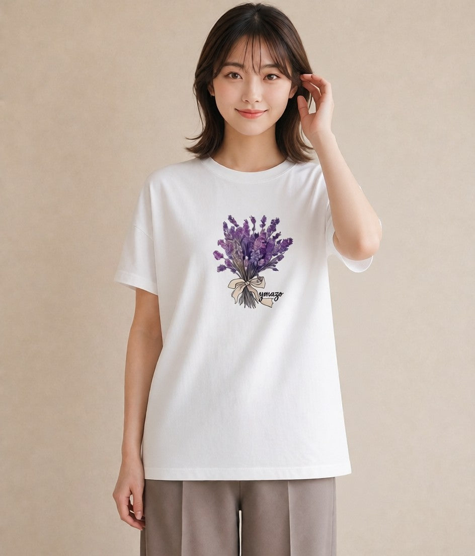 グラフィックTシャツ レディース ラベンダー 花 花柄 イラスト カフェコーデ クリスマス 旅行 白T
