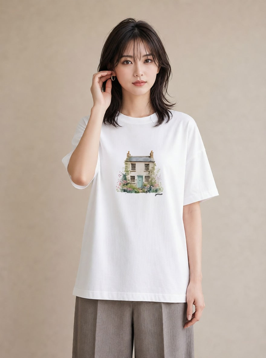 半袖Tシャツ レディース 湖畔の小屋 湖 小屋 ナチュラル アンティーク イラスト 韓国風 ママ カフェ服 白T