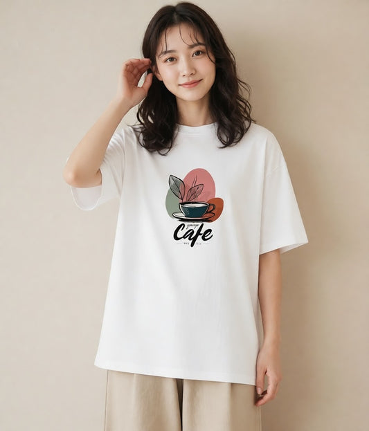 Tシャツ レディース カフェ カフェロゴ ロゴ イラスト ラフ レイヤード 白T