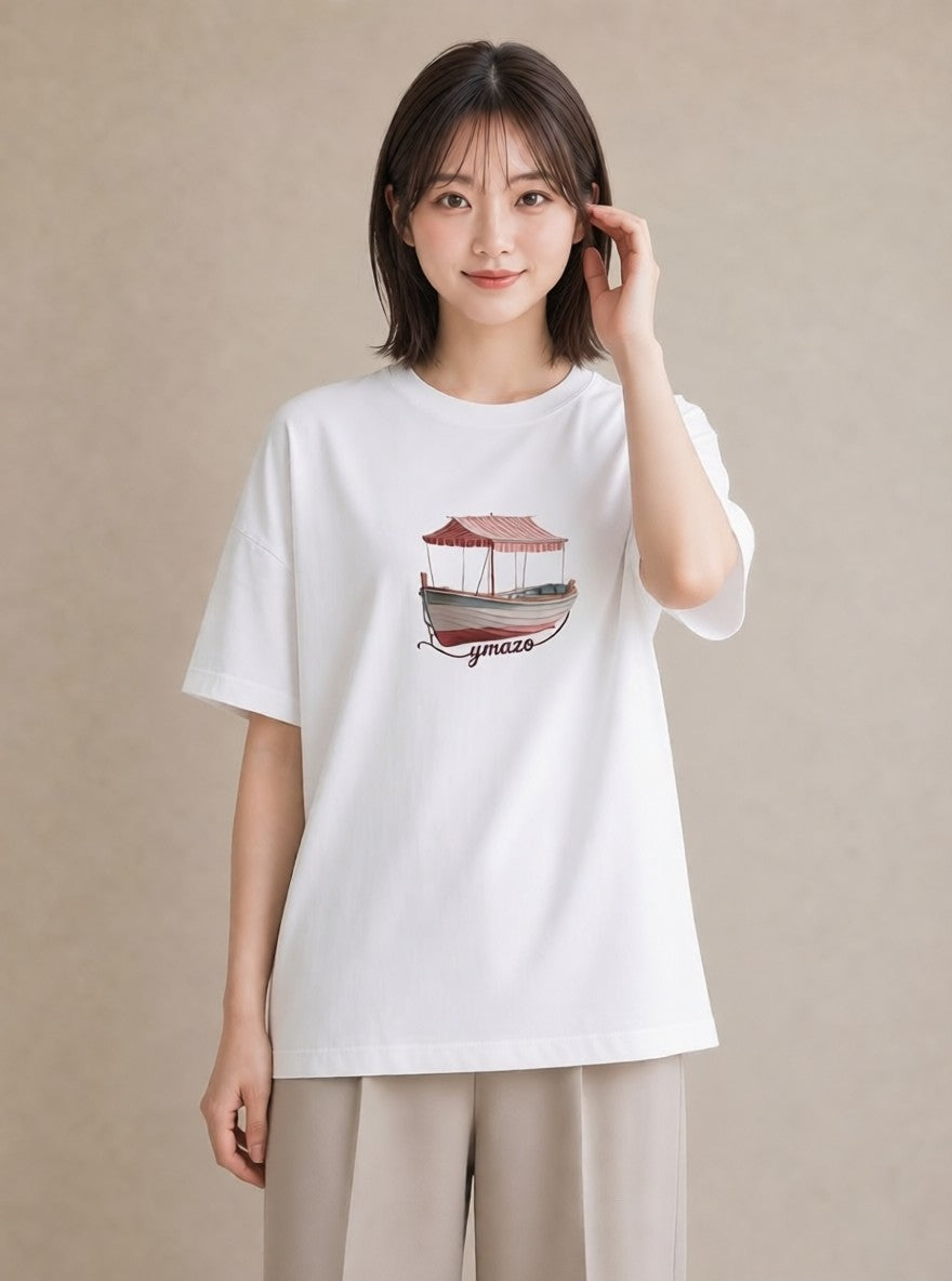 Tシャツ レディース 桟橋 水辺 波止場 ナチュラル アンティーク イラスト ママ カフェ服 白T