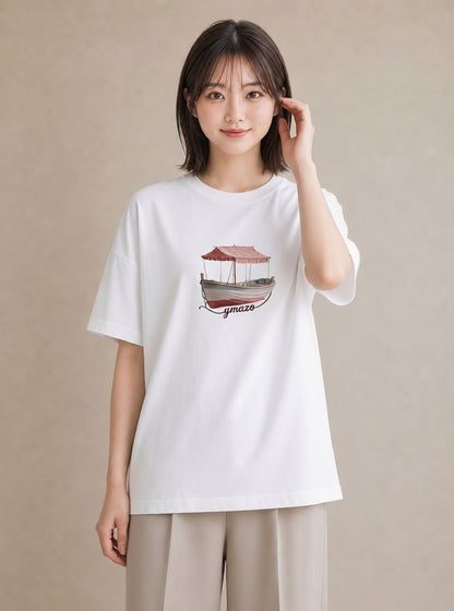 Tシャツ レディース 桟橋 水辺 波止場 ナチュラル アンティーク イラスト ママ カフェ服 白T