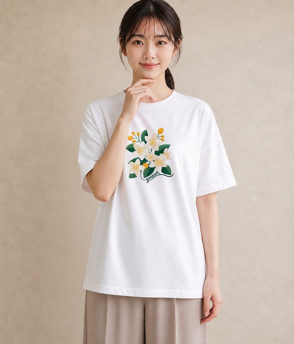 半袖Tシャツ レディース 金木犀 花 花柄 イラスト 線画 旅行 母娘コーデ 白T