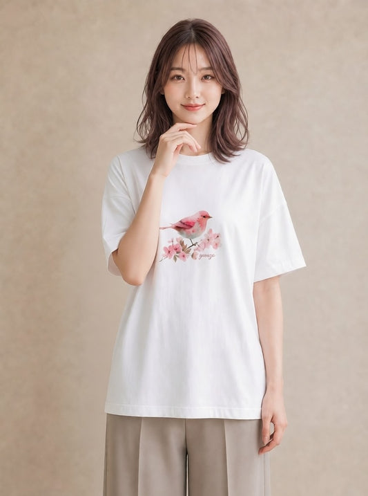 半袖Tシャツ レディース 小鳥 ペット 動物 イラスト 可愛い カジュアルコーデ 買い物 白T
