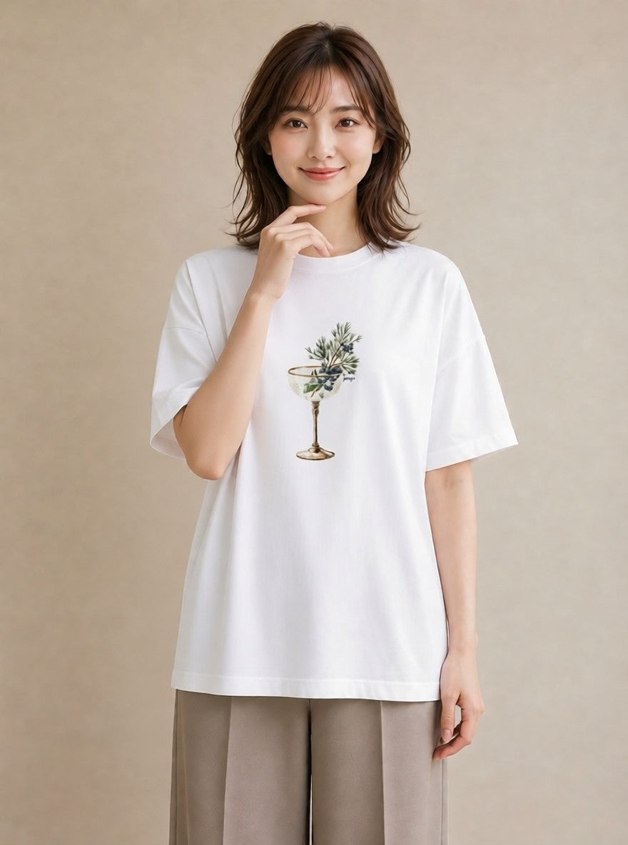 グラフィックTシャツ レディース ガラス瓶 小枝 ボタニカル ナチュラル アンティーク イラスト お洒落 自分用 ルームウェア 白T