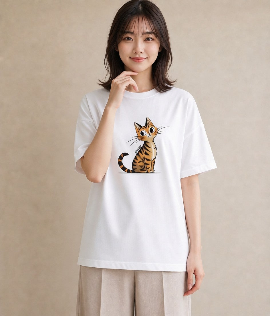 グラフィックTシャツ レディース しっぽ 猫 ねこ イラスト ゆるかわ 秋コーデ おしゃれギフト 白T