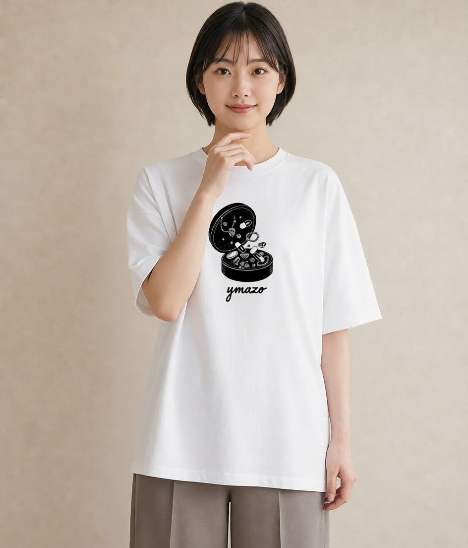 プリントTシャツ レディース パールピアス アクセサリー ナチュラル アンティーク イラスト ゆるかわ ママ カフェ服 白T