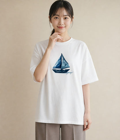 半袖Tシャツ レディース 紙の船 水辺 ナチュラル アンティーク イラスト 普段使い ギフト 母の日 白T