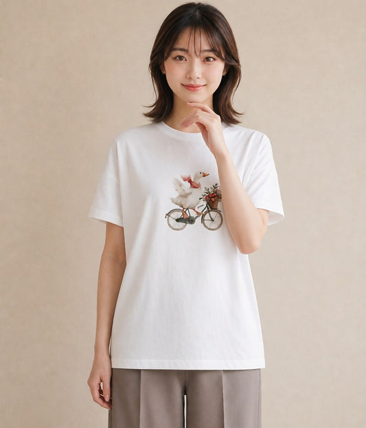 半袖Tシャツ レディース 自転車のかご 自転車 花かご ナチュラル アンティーク イラスト カフェコーデ 親子 20代 白T