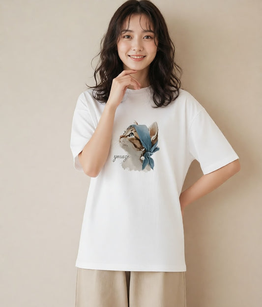 プリントTシャツ レディース アビシニアン 猫 ねこ イラスト アート風 ミセス 春コーデ 白T