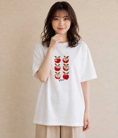 半袖Tシャツ レディース りんご 林檎 アップル 食べ物 フード イラスト アート風 休日 ペアコーデ 白T