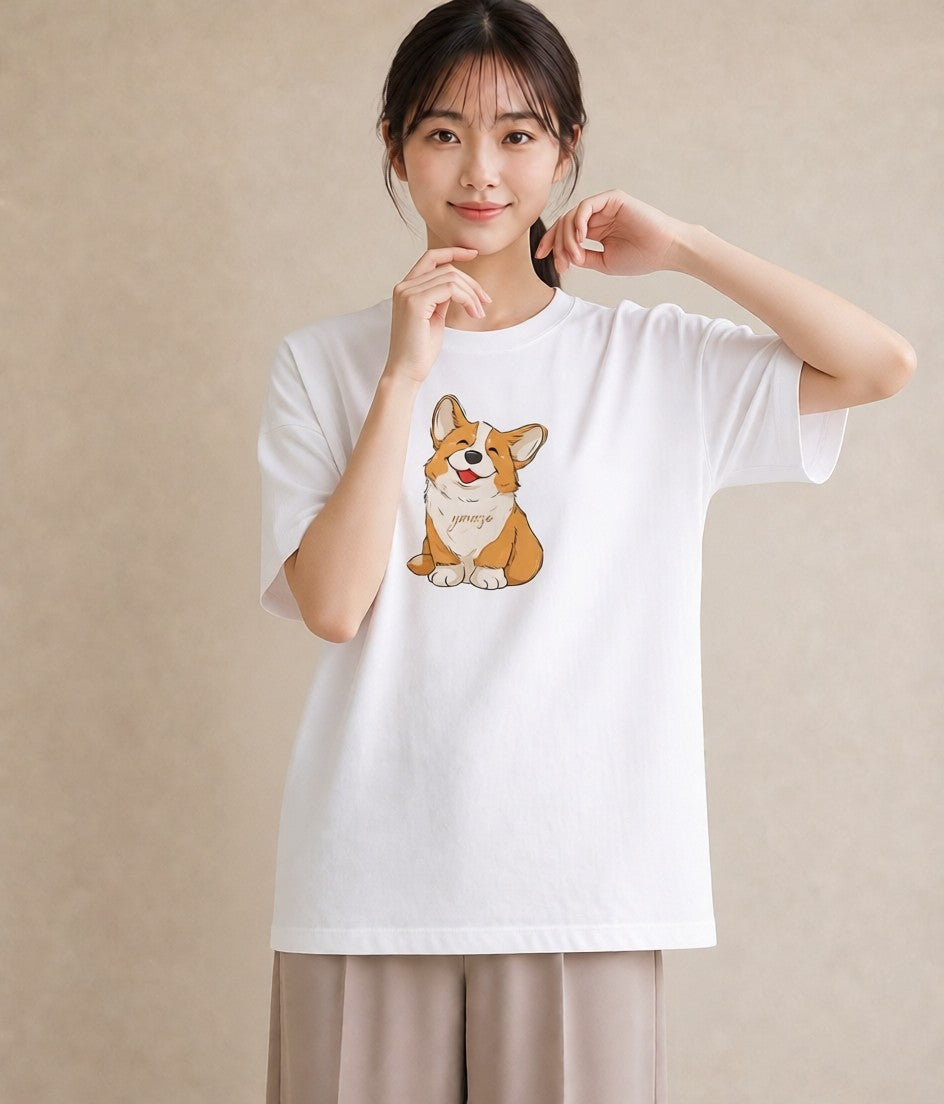 半袖Tシャツ レディース ウェルシュコーギー コーギー 犬 いぬ イラスト カジュアル 女性 旅行用 白T