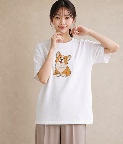 半袖Tシャツ レディース ウェルシュコーギー コーギー 犬 いぬ イラスト カジュアル 女性 旅行用 白T