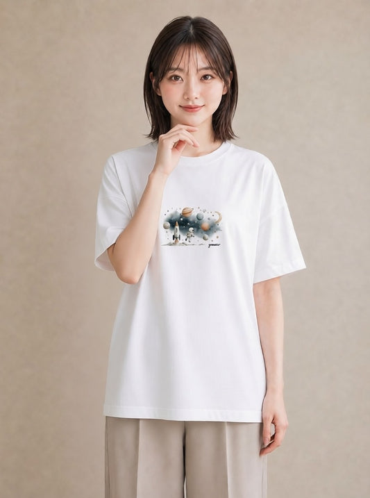 半袖Tシャツ レディース 惑星 星空 宇宙 イラスト アート風 夏コーデ 通学 白T