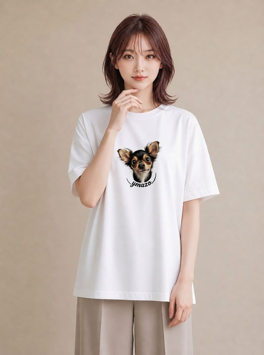 半袖Tシャツ レディース ロングコートチワワ 犬 いぬ イラスト ミニマル 姉妹 送別ギフト 白T
