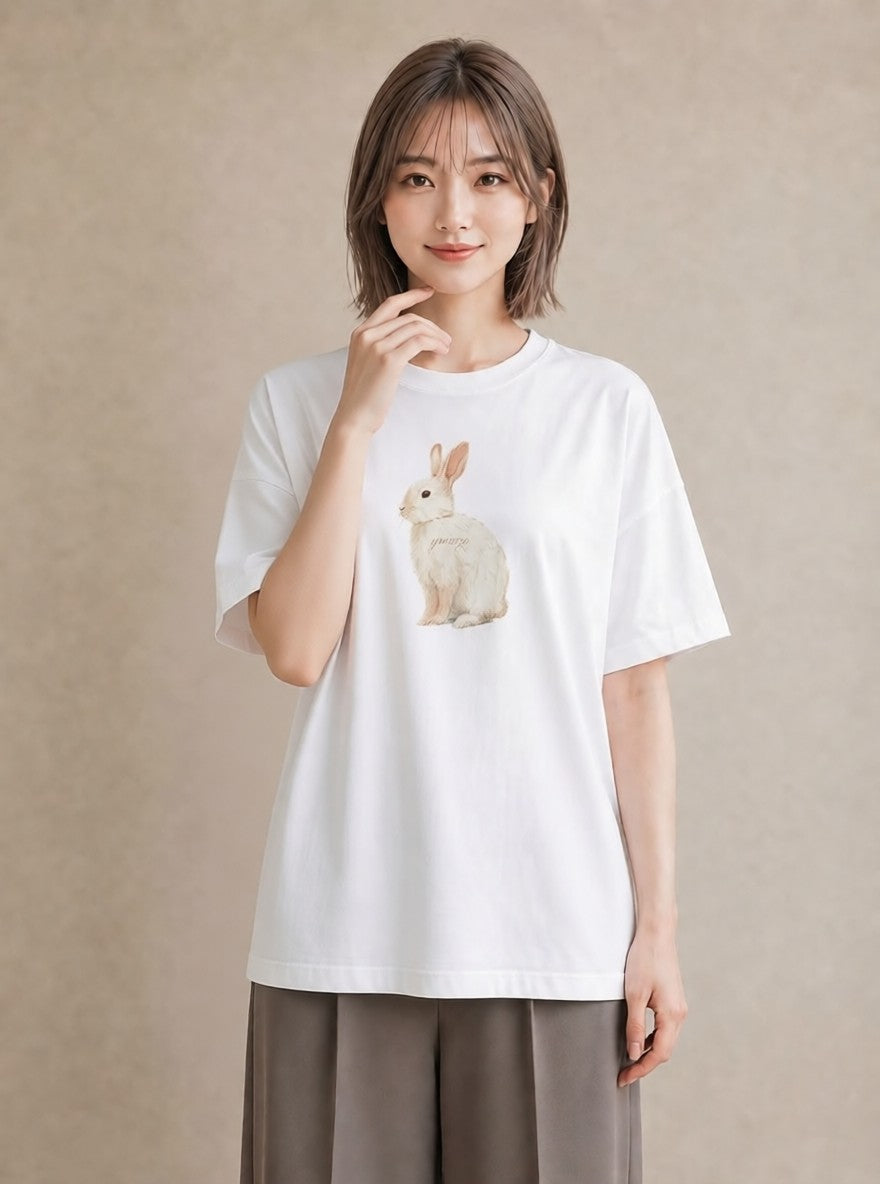 グラフィックTシャツ レディース ミニうさぎ ペット 動物 イラスト フェミニン 旅行用 海 白T
