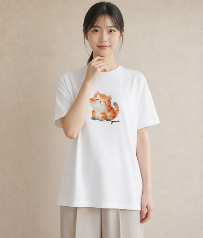デザインTシャツ レディース おすわり猫 猫 ねこ イラスト ミニマル 帰省 ラフ 白T