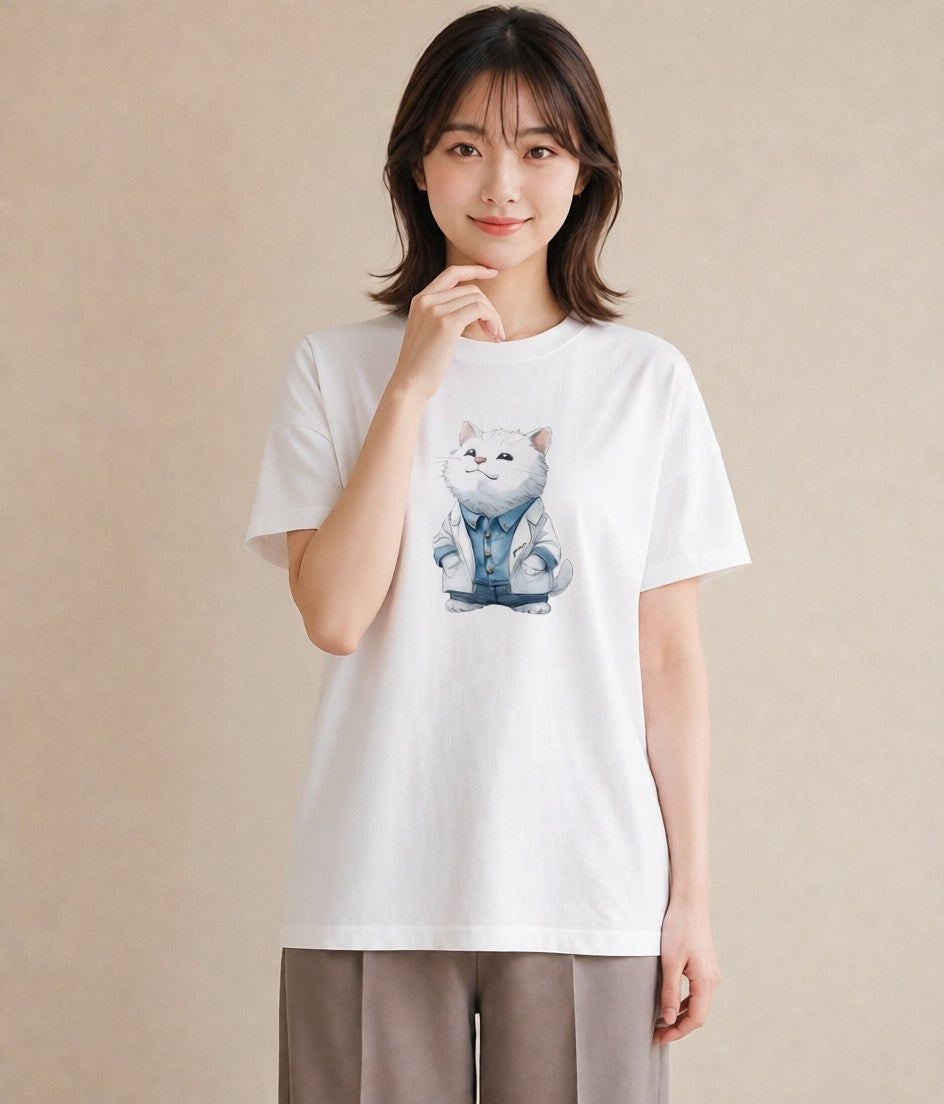 デザインTシャツ レディース アメリカンショートヘア 猫 ねこ イラスト 韓国風 綿100 デート 白T