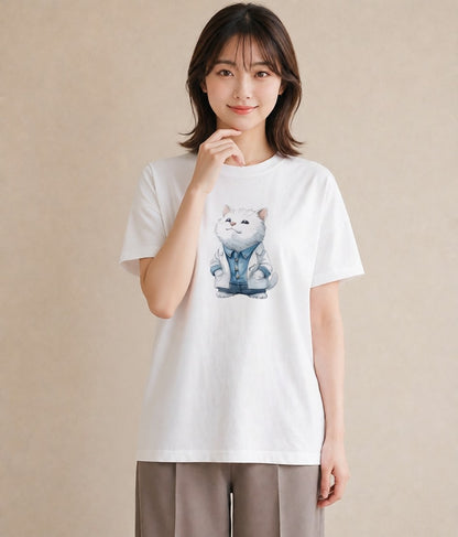 デザインTシャツ レディース アメリカンショートヘア 猫 ねこ イラスト 韓国風 綿100 デート 白T