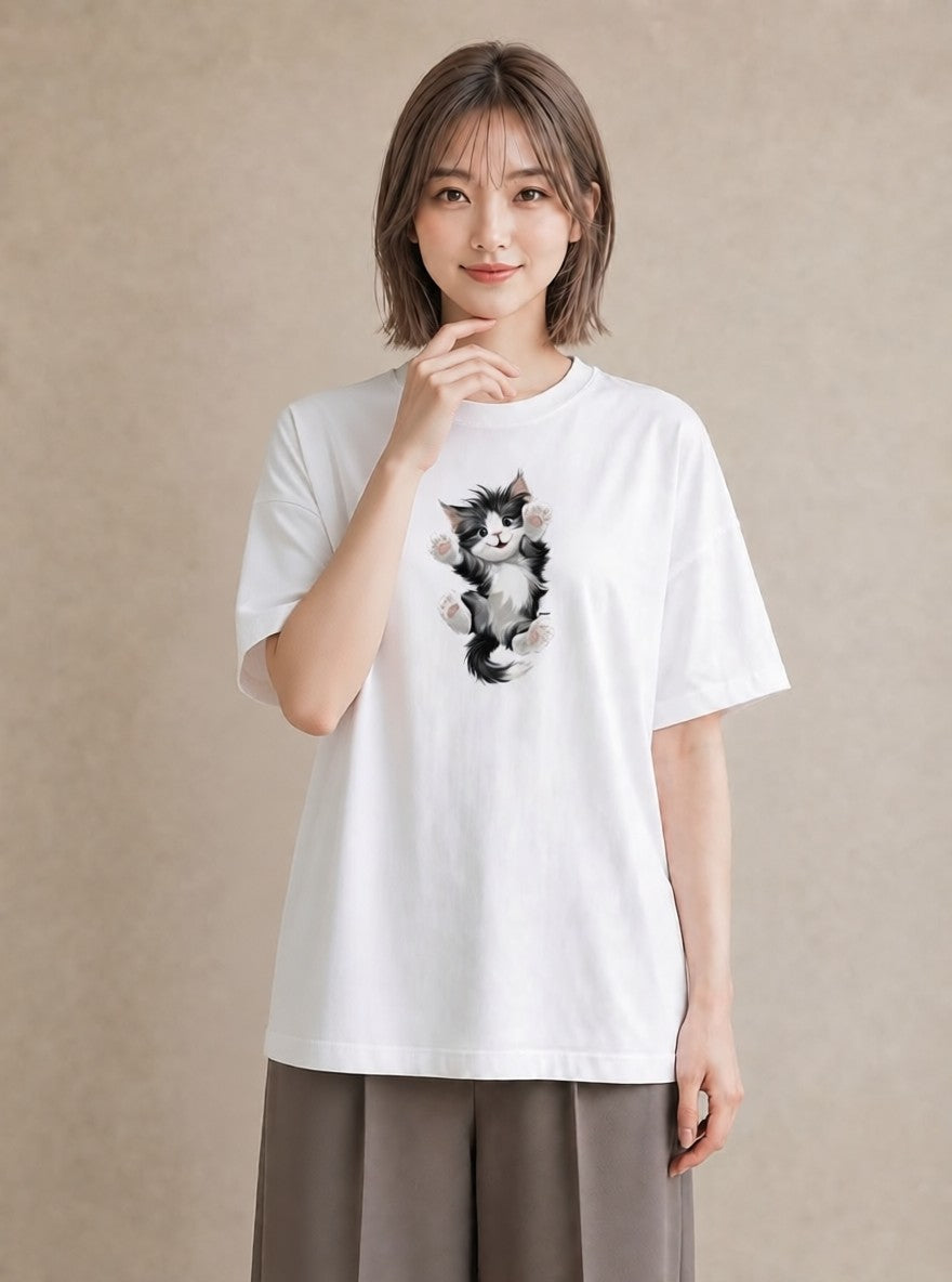 グラフィックTシャツ レディース 靴下猫 猫 ねこ イラスト カジュアル 20代 カジュアルコーデ 白T