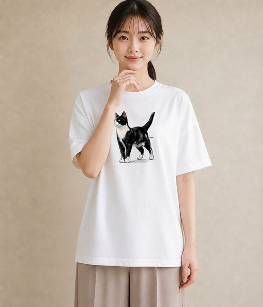 半袖Tシャツ レディース しっぽ 猫 ねこ イラスト ヴィンテージ風 在宅 公園 白T