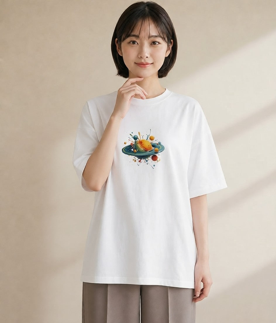 デザインTシャツ レディース 土星 星空 宇宙 イラスト お洒落 旅行用 海 白T