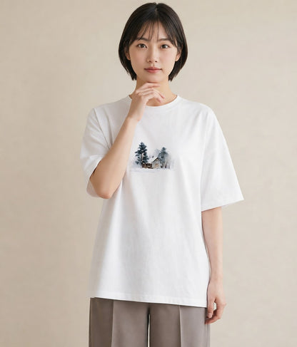 プリントTシャツ レディース 灯りの家 小屋 夜 ナチュラル アンティーク イラスト カフェコーデ クリスマス 旅行 白T