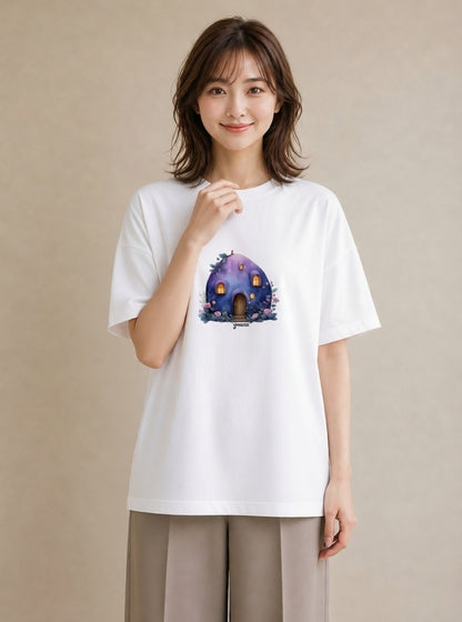グラフィックTシャツ レディース 灯りの家 小屋 夜 ナチュラル アンティーク イラスト ボタニカル 誕生日プレゼント 綿100 白T