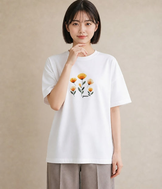 Tシャツ レディース ミモザ 花 花柄 イラスト きれいめ 夏コーデ 通学 白T
