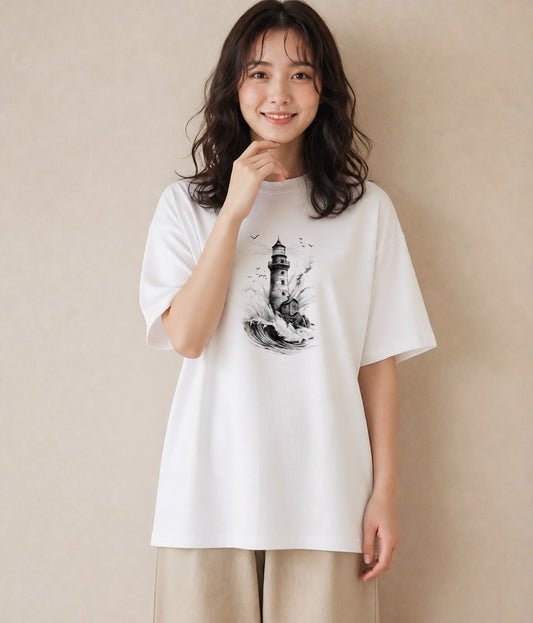 半袖Tシャツ レディース 灯台 霧 海 ナチュラル アンティーク イラスト お洒落 カフェ巡り 白T