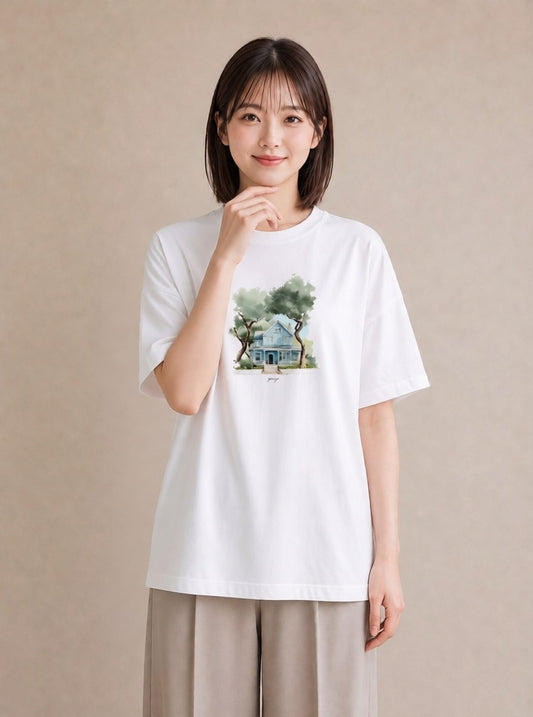 プリントTシャツ レディース 灯りの家 小屋 夜 ナチュラル アンティーク イラスト レイヤード 友達ギフト 白T